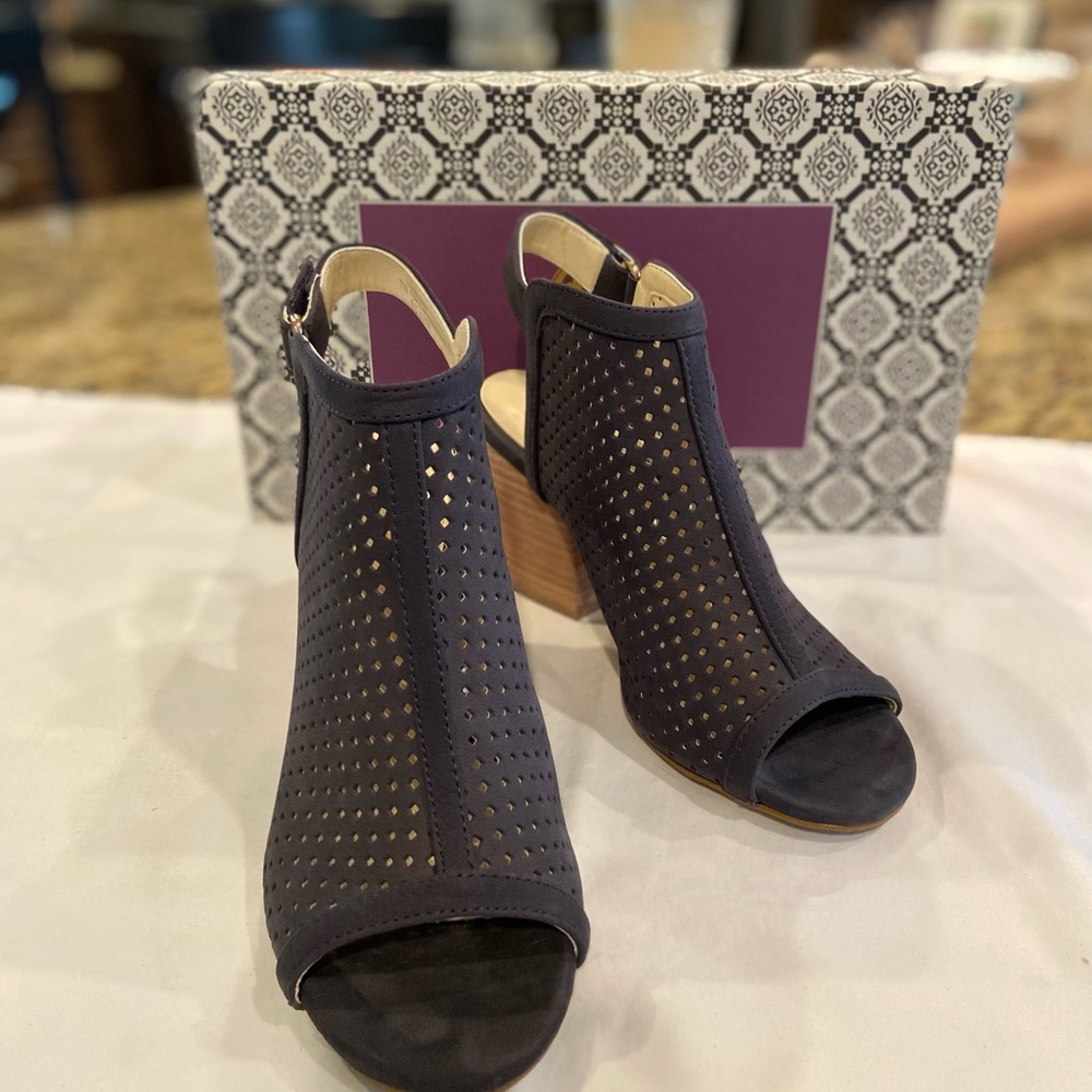 Women's Navy Peep-Toe Heeled Sandals